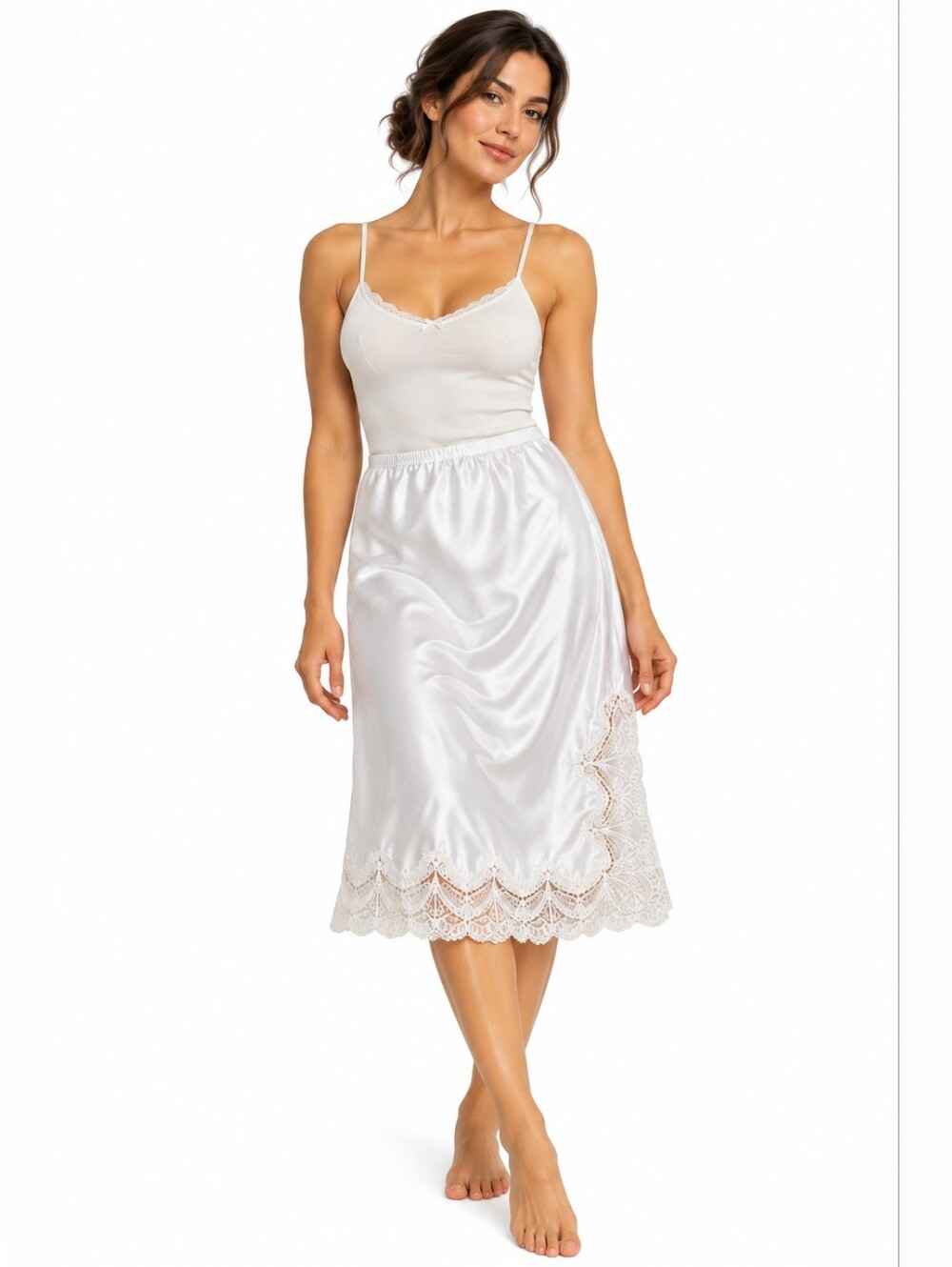 Vintage Wonder Maid White Satin Half Slip M Lace Midi Scalloped Lingerie